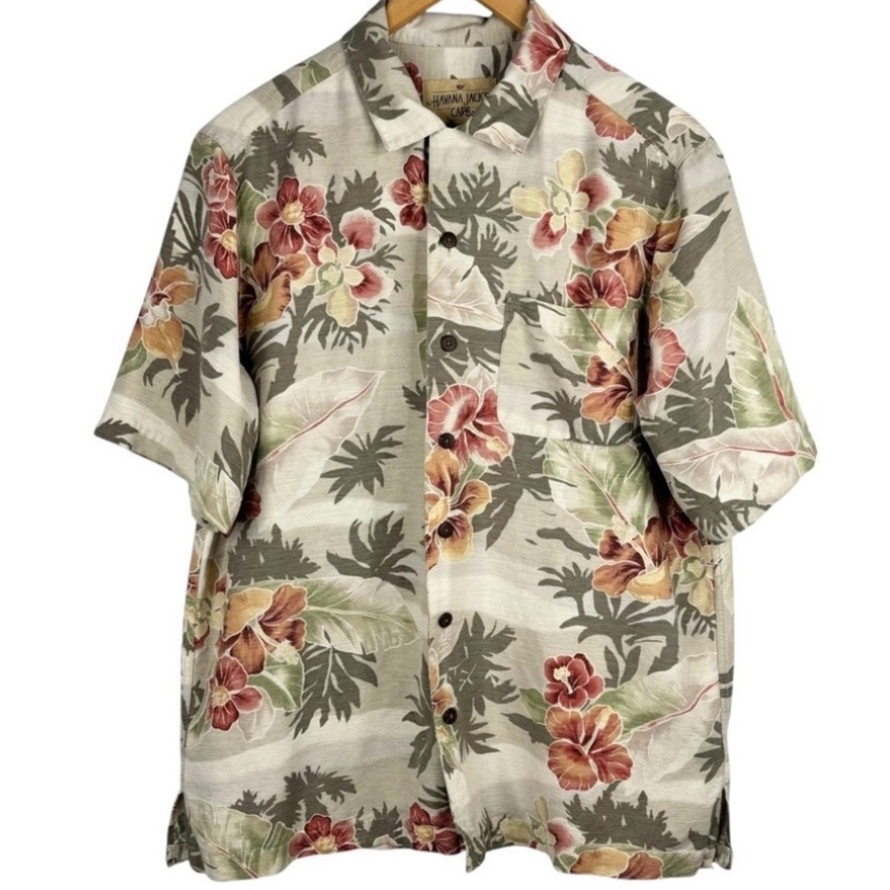 Havana Jack’s Cafe 100% Silk Tropical Floral Pattern Wooden Button Down Shirt S
